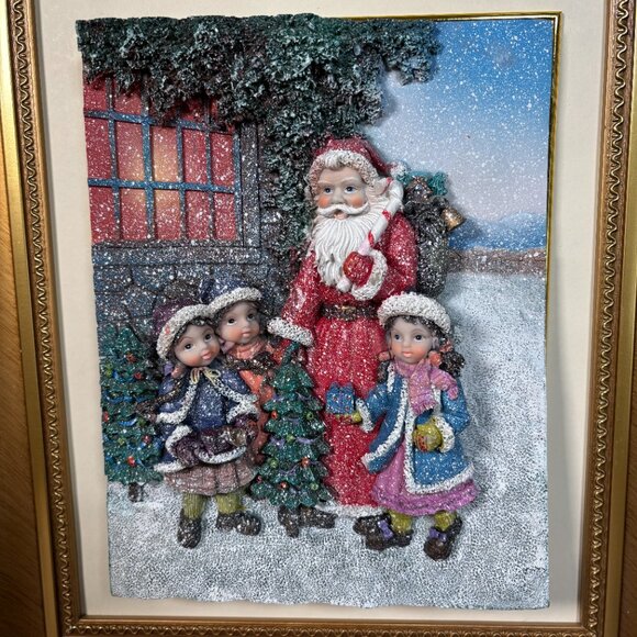 Vintage 3D Santa with Children Framed Christmas Decor Textured Relief Wall Art - Picture 2 of 12